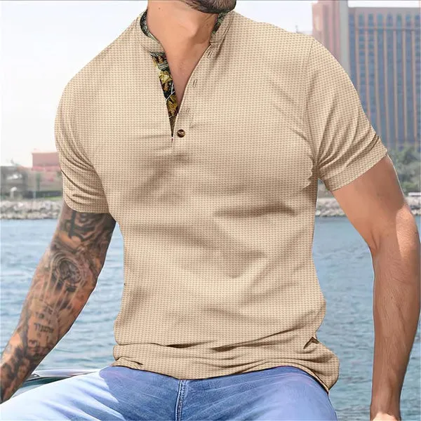 MEN'S COLORBLOCK WAFFLE HENLEY NECK SHORT SLEEVE T-SHIRT