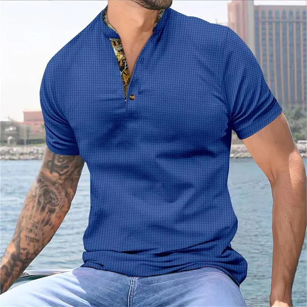 MEN'S COLORBLOCK WAFFLE HENLEY NECK SHORT SLEEVE T-SHIRT