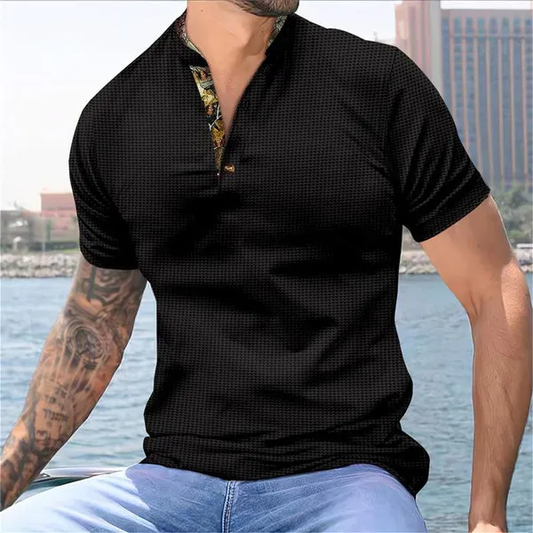 MEN'S COLORBLOCK WAFFLE HENLEY NECK SHORT SLEEVE T-SHIRT