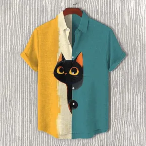 Men's Curious Black Cat Colorblock Art Print Casual Shirt