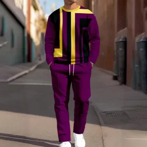 Men's geometric striped colorblock round neck casual sports suit