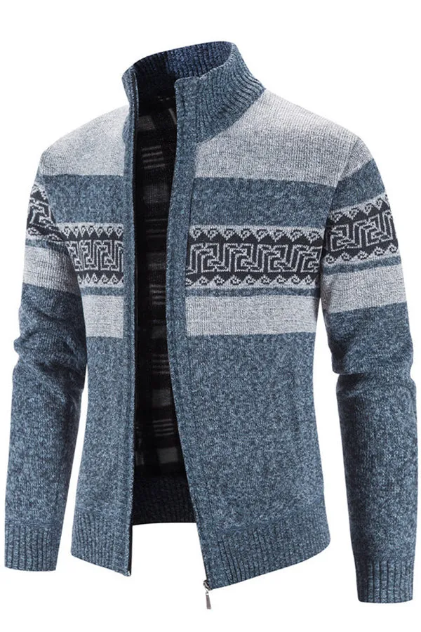 Men's Hooded Colorblock Printed Cardigan Sweater Jacket