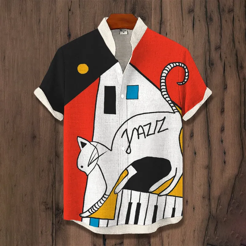 Men's Jazz Cat Colorblock Mondrian Art Print Shirt