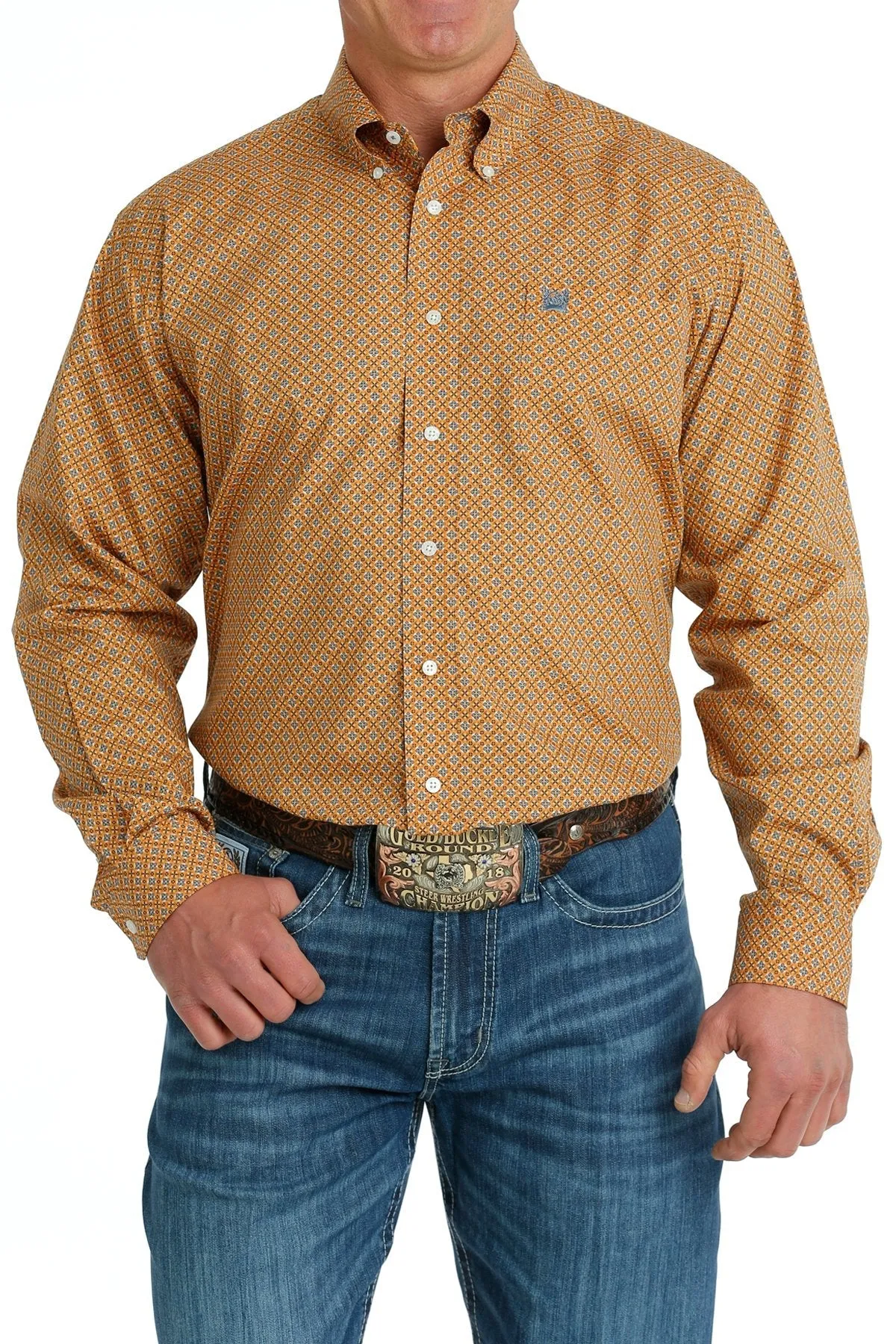 MENS ORANGE PRINT LONG SLEEVE CINCH SHIRT