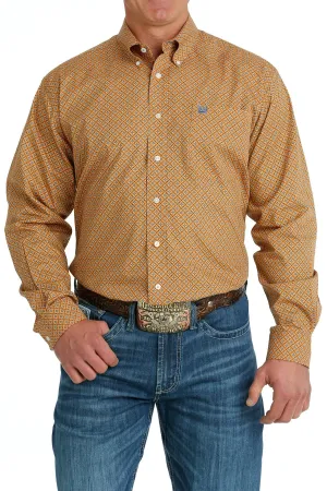 MENS ORANGE PRINT LONG SLEEVE CINCH SHIRT