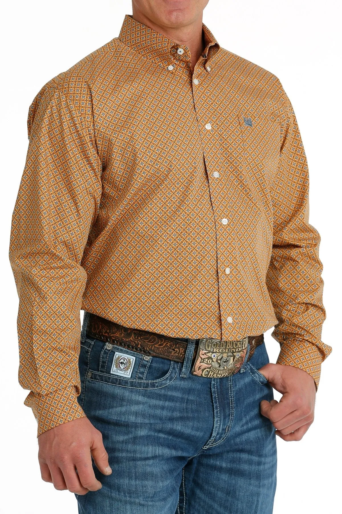 MENS ORANGE PRINT LONG SLEEVE CINCH SHIRT