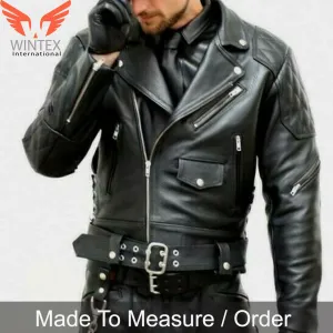 Men’s Real Cowhide Motor Bikers Jacket with Quilted Panels BLUF Jacket