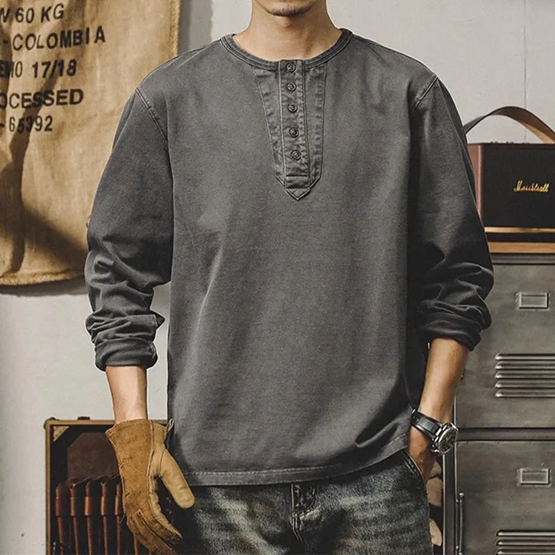 Men's Retro Long-Sleeve Button-Down Collar T-Shirt
