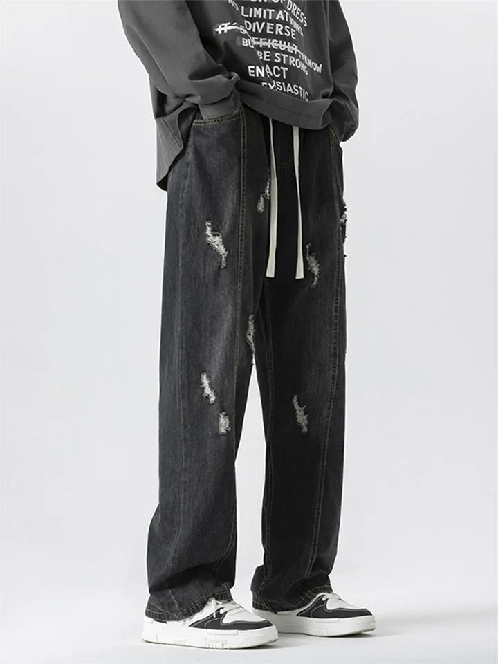 Men's Retro Ripped Washed Effect Straight-Leg Jeans