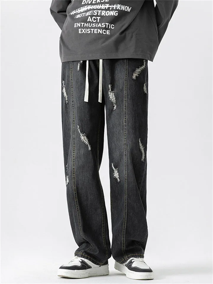 Men's Retro Ripped Washed Effect Straight-Leg Jeans