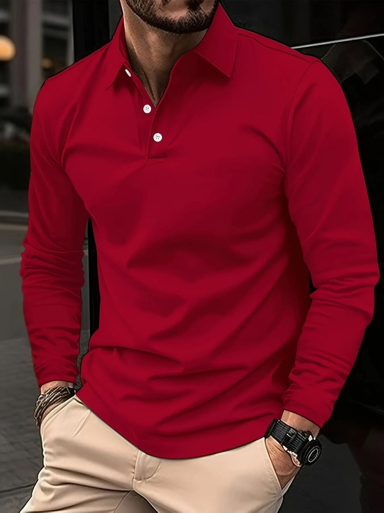 Men's Solid Color Long Sleeve Casual Polo