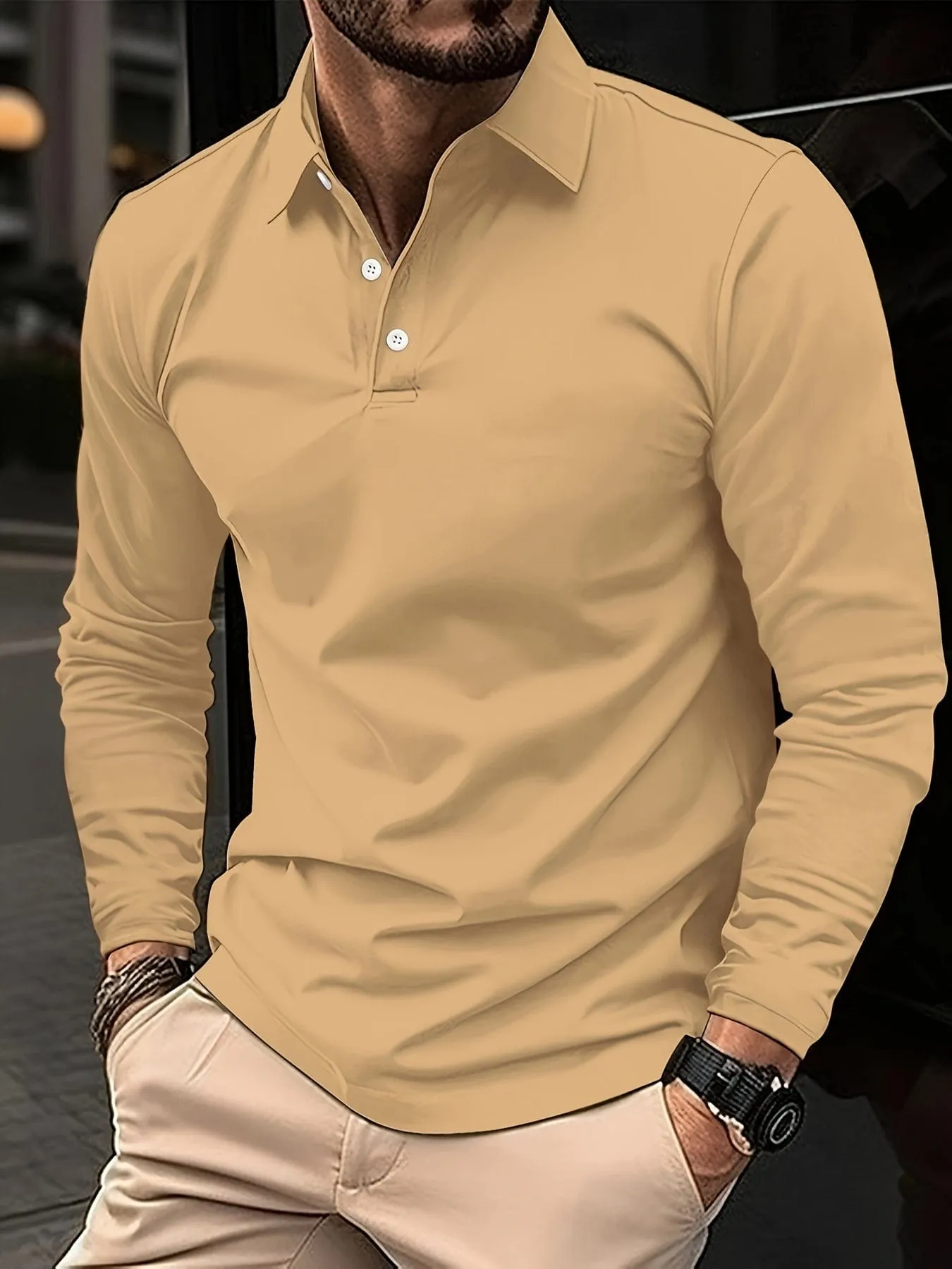 Men's Solid Color Long Sleeve Casual Polo