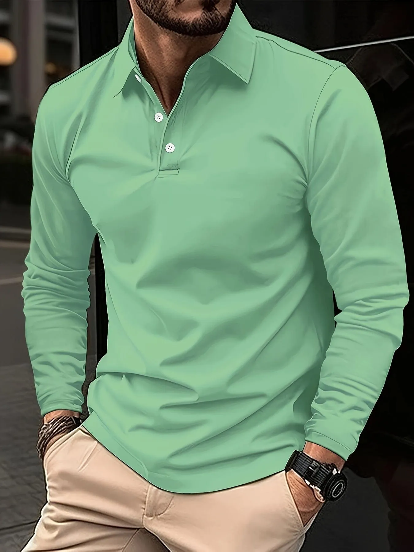 Men's Solid Color Long Sleeve Casual Polo