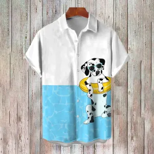 Men's Spotted Dog Swimming Colorblock Print Beach Shirt