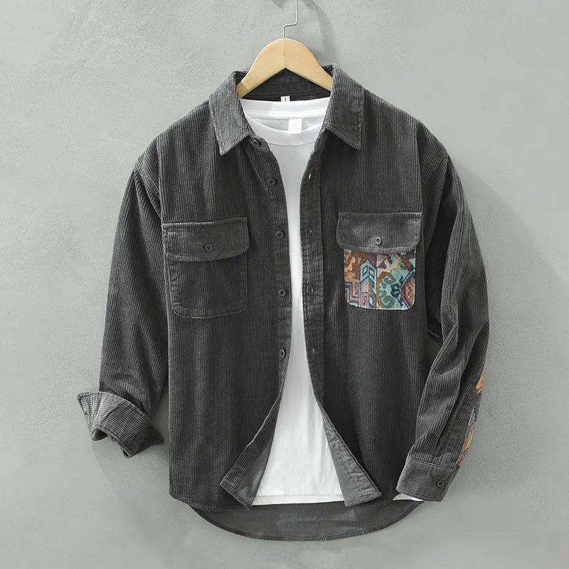 Men's Stylish Corduroy Shirt with Patches and Utility Pockets