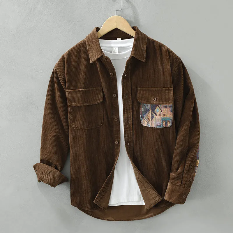 Men's Stylish Corduroy Shirt with Patches and Utility Pockets