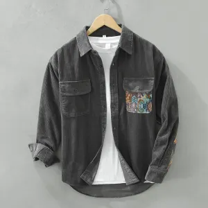 Men's Stylish Corduroy Shirt with Patches and Utility Pockets