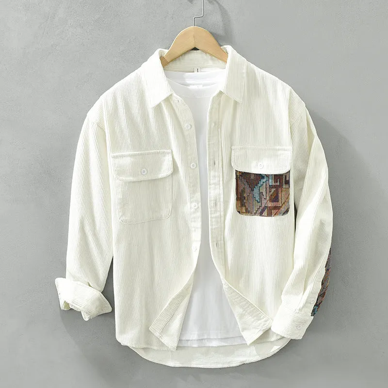 Men's Stylish Corduroy Shirt with Patches and Utility Pockets