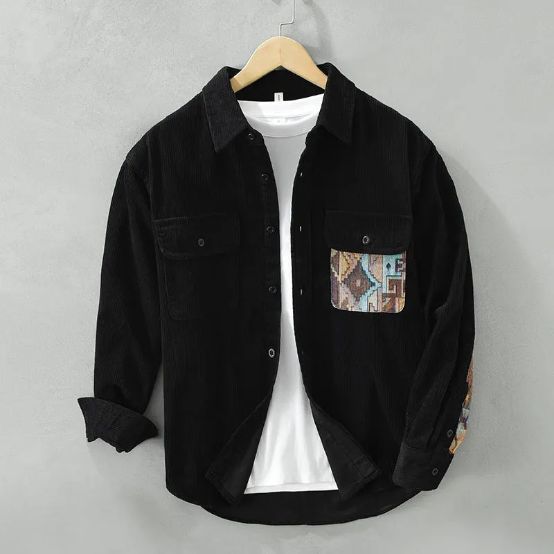 Men's Stylish Corduroy Shirt with Patches and Utility Pockets
