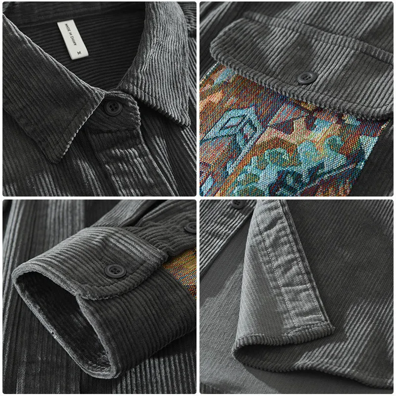 Men's Stylish Corduroy Shirt with Patches and Utility Pockets