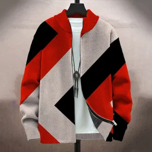 Men's Vintage Colorblock Print Long-Sleeved Zip Cardigan Jacket 2409007067