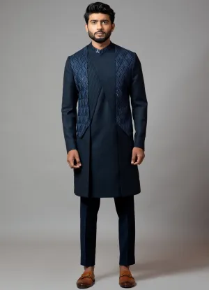 Navy Blue Embroidered Achkan