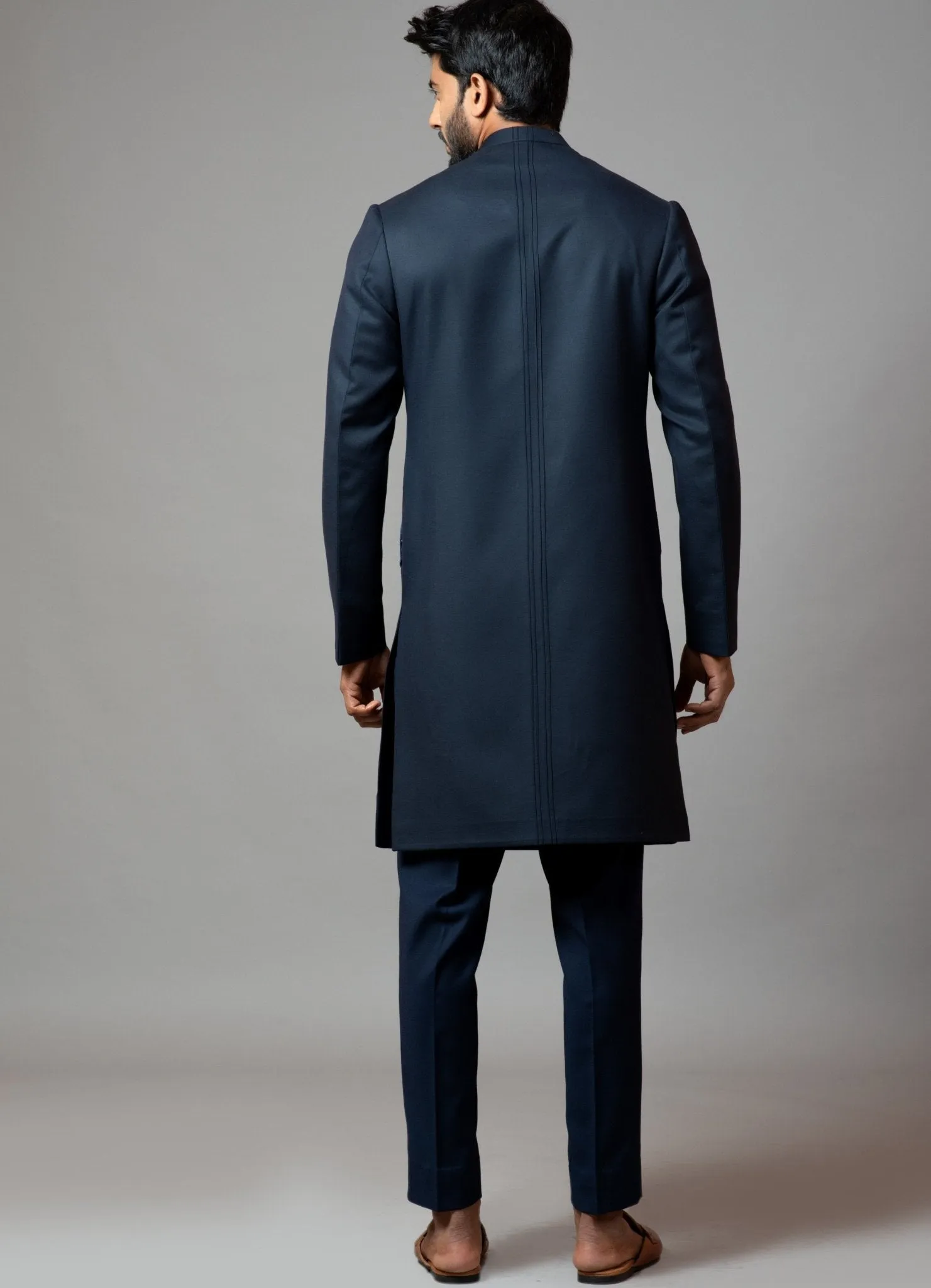 Navy Blue Embroidered Achkan
