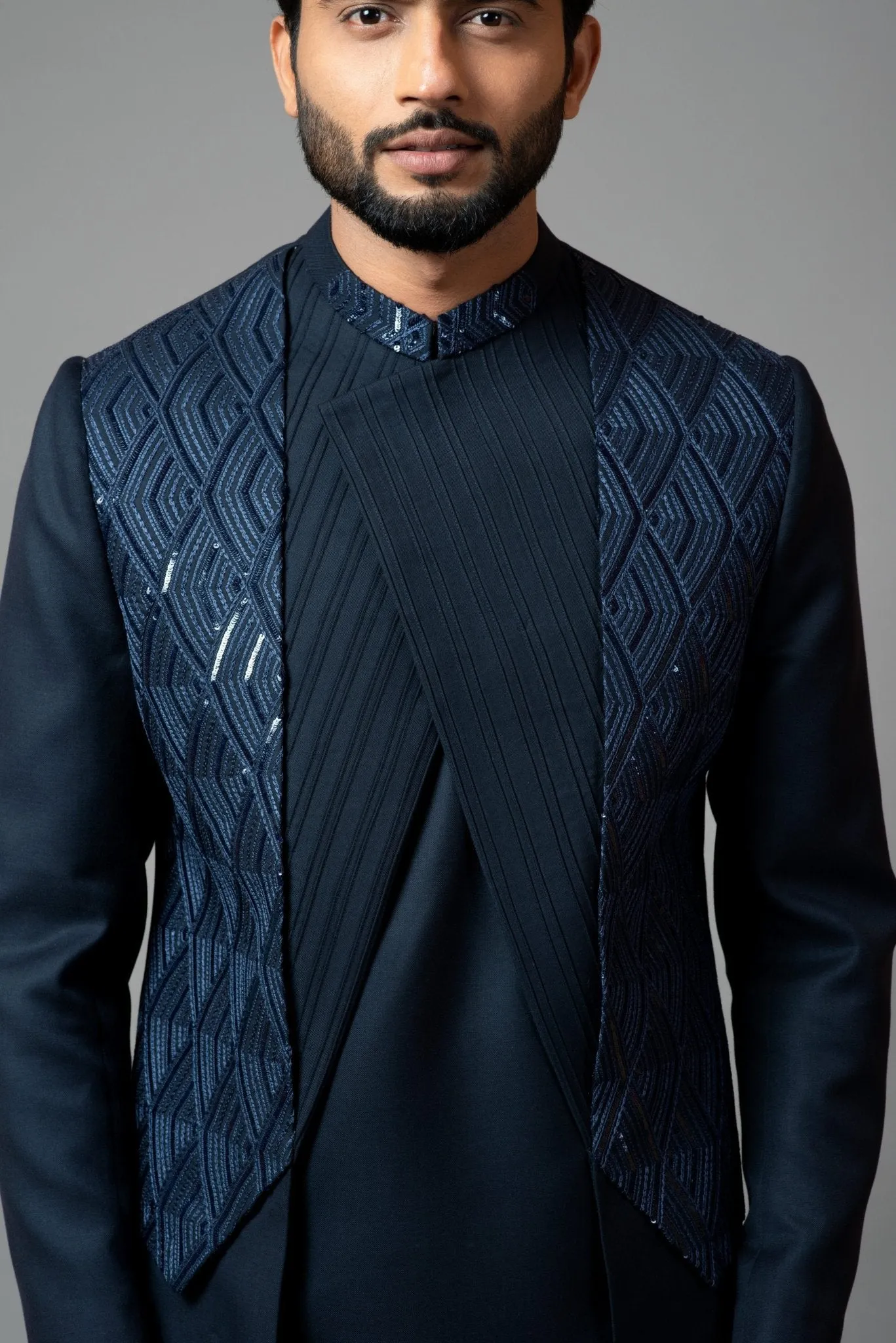 Navy Blue Embroidered Achkan