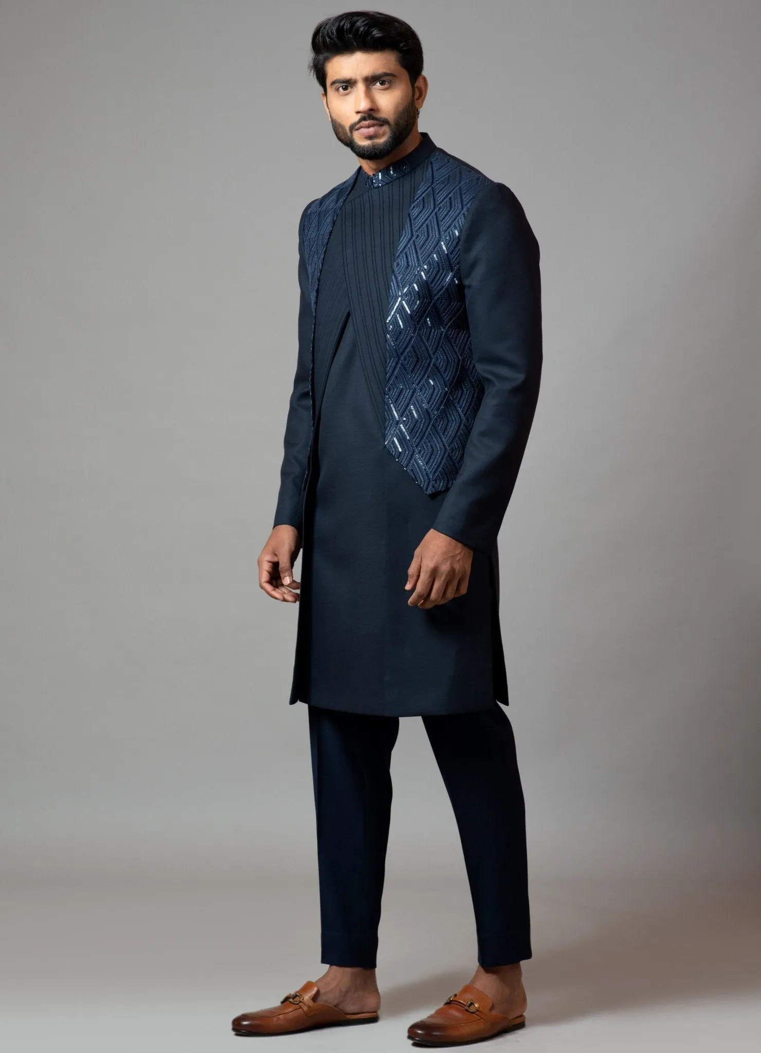 Navy Blue Embroidered Achkan