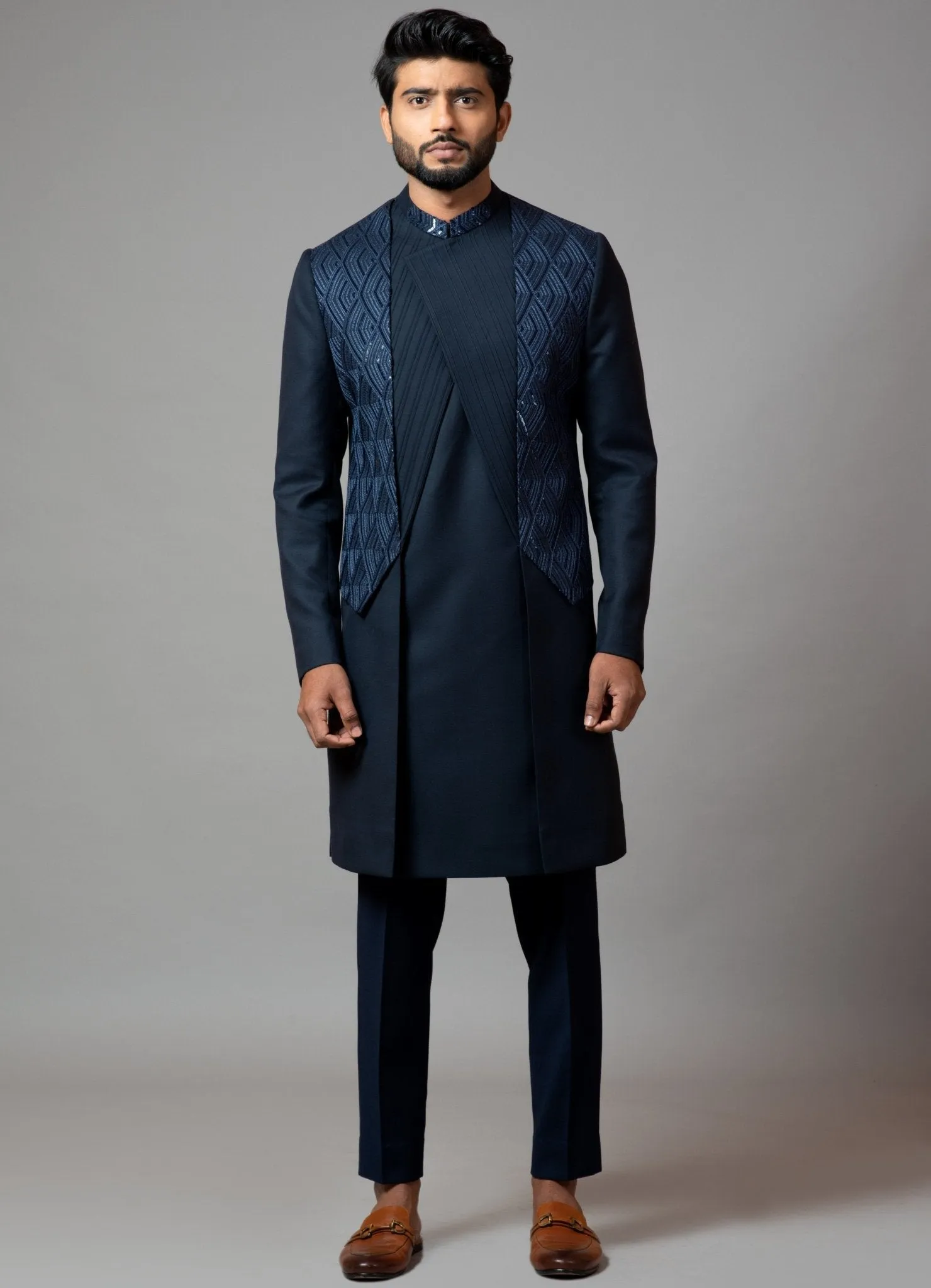 Navy Blue Embroidered Achkan