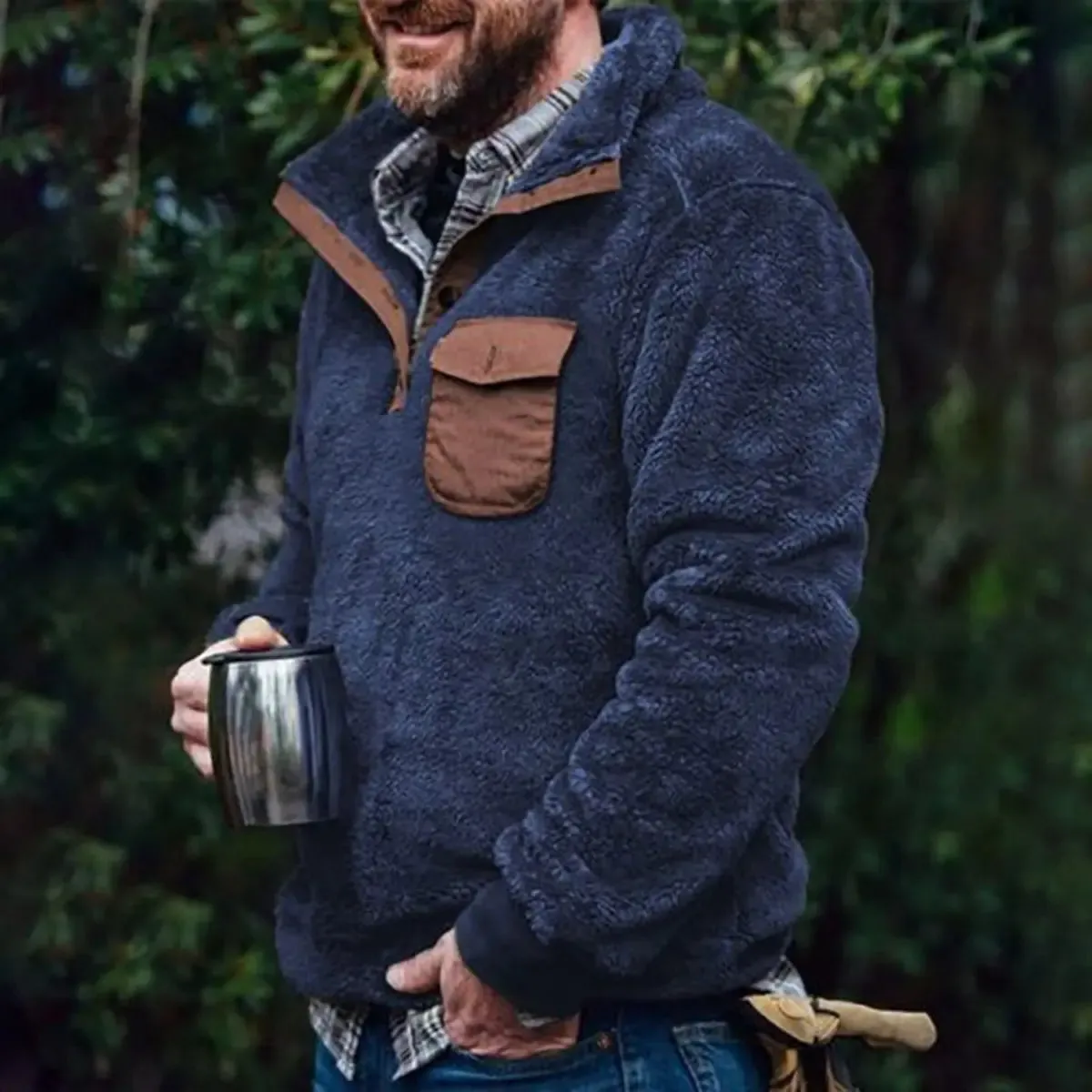 Navy Blue Winter Pocket Flannel Men's Jacket