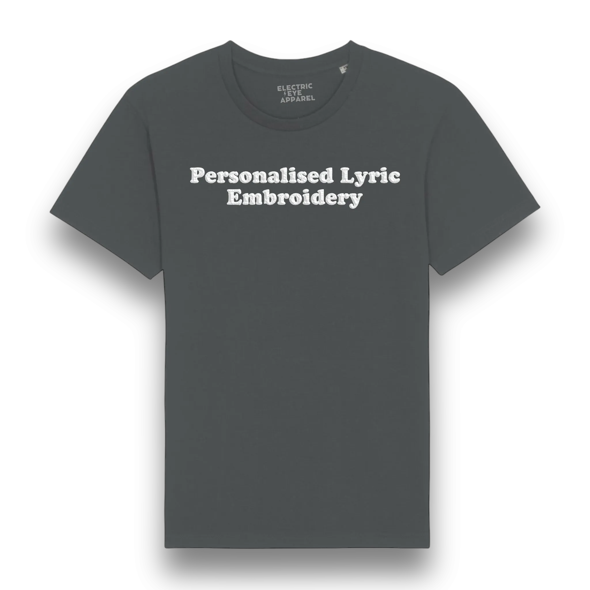 Personalised Lyric Centre Chest Embroidered premium organic iconic men's 'Rocker' t-shirt - choose your own lyrics, font and thread colour