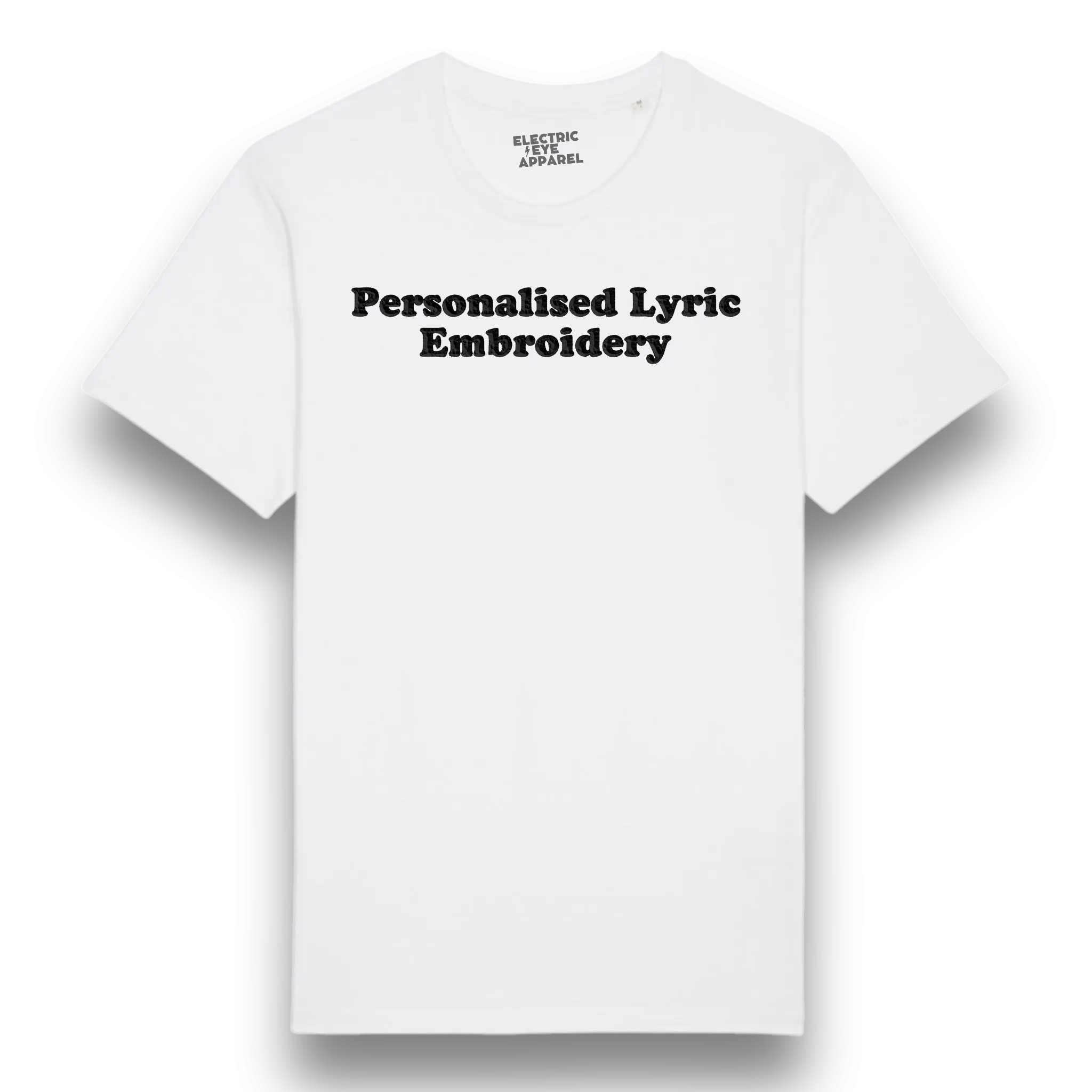 Personalised Lyric Centre Chest Embroidered premium organic iconic men's 'Rocker' t-shirt - choose your own lyrics, font and thread colour