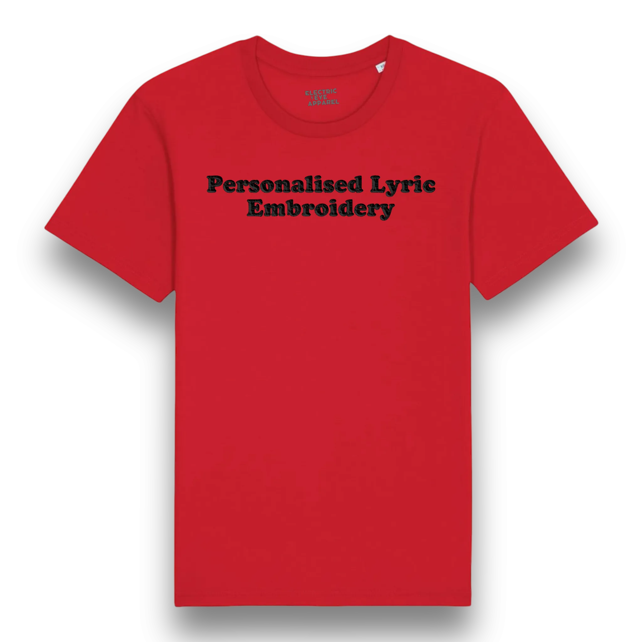 Personalised Lyric Centre Chest Embroidered premium organic iconic men's 'Rocker' t-shirt - choose your own lyrics, font and thread colour