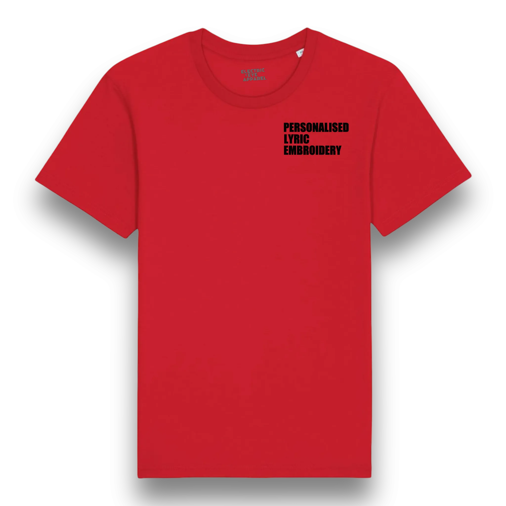 Personalised Lyric Left Chest Embroidered premium organic iconic men's 'Rocker' t-shirt - choose your own lyrics, font and thread colour