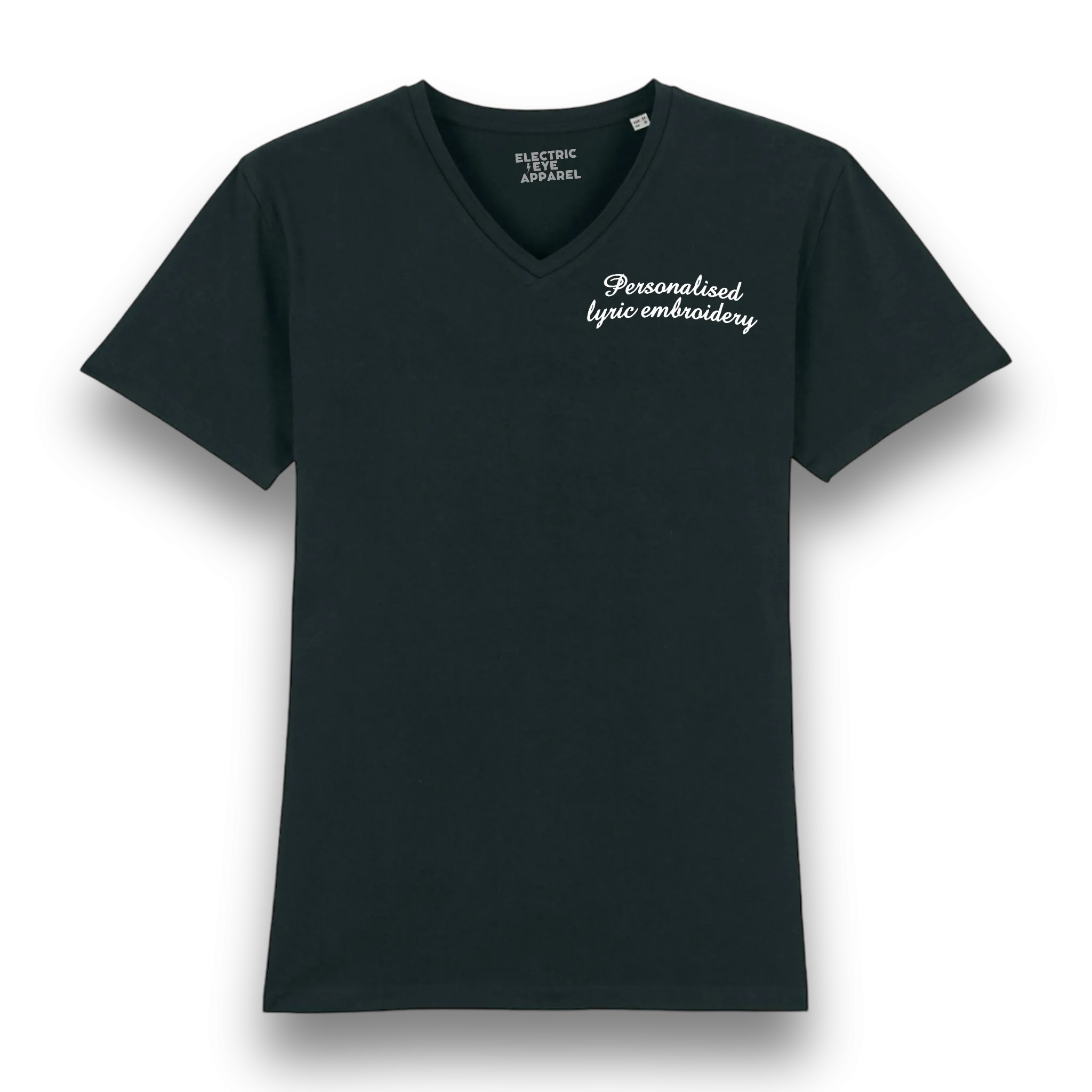 Personalised Lyric Left Chest Embroidered premium organic iconic men's v-neck 90s 'Presenter' t-shirt - choose your own lyrics, font and thread colour