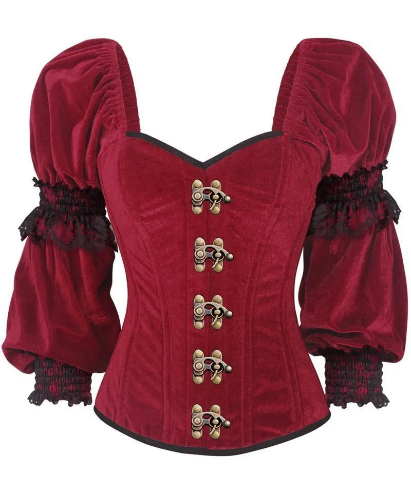 Phajnic Gothic Overbust Maroon Corset with Attached Sleeve