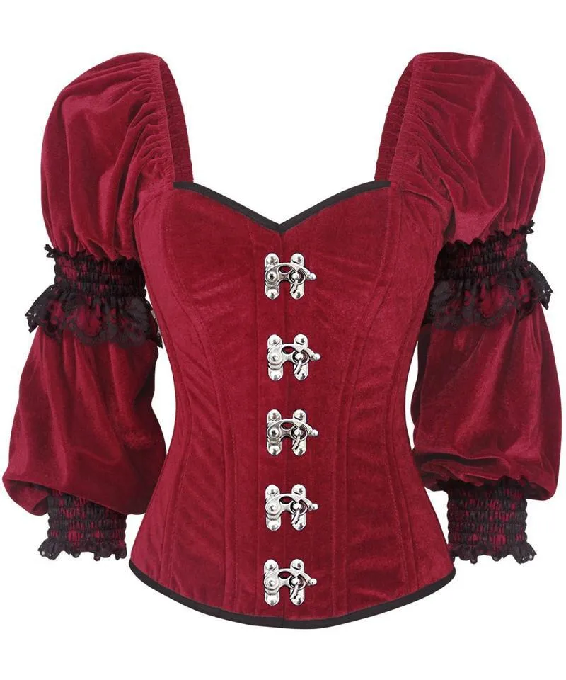 Phajnic Gothic Overbust Maroon Corset with Attached Sleeve