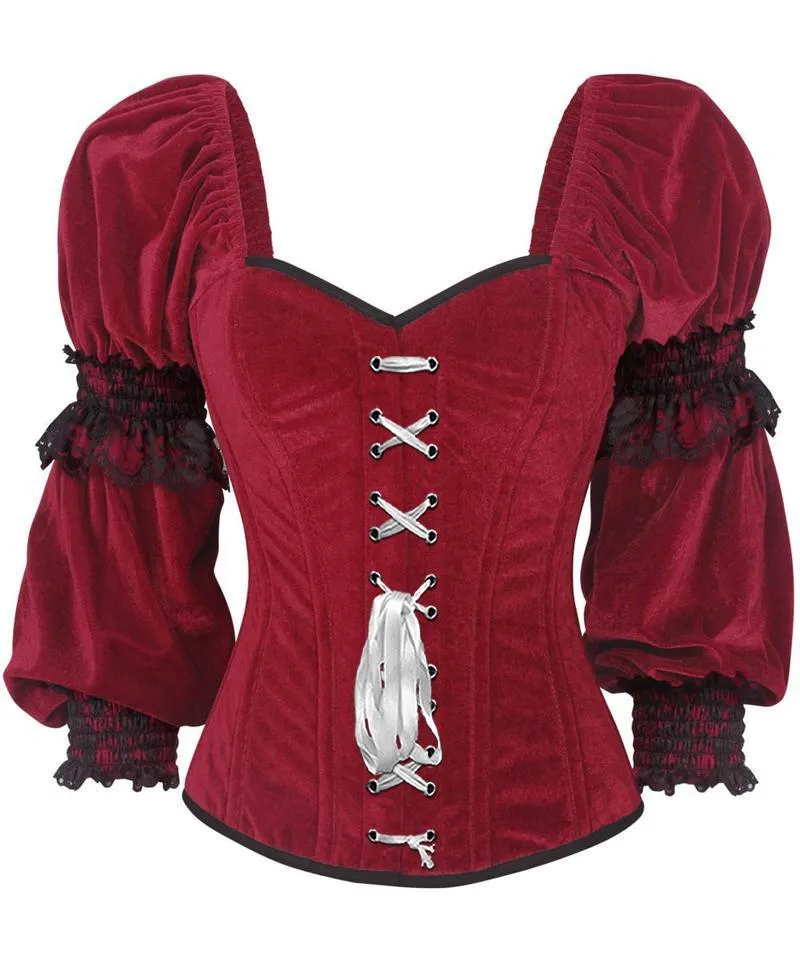 Phajnic Gothic Overbust Maroon Corset with Attached Sleeve