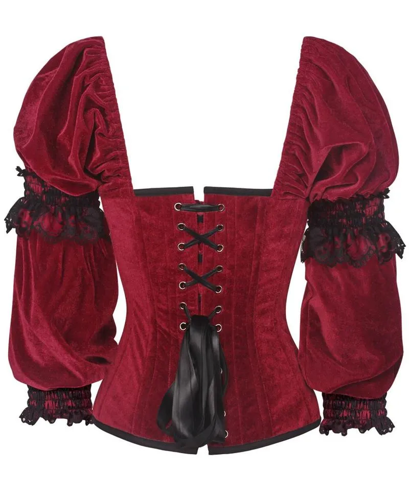 Phajnic Gothic Overbust Maroon Corset with Attached Sleeve