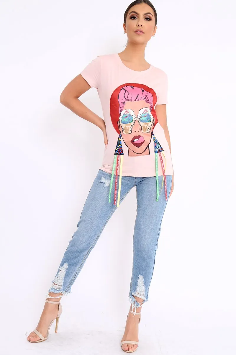 Pink Crew Neck Girls Face T Shirt with Tassels - Lenna