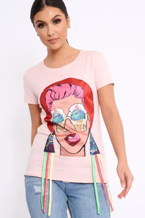 Pink Crew Neck Girls Face T Shirt with Tassels - Lenna
