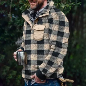 Plaid Colorblock Warm Pocket Men's Pullover Jacket