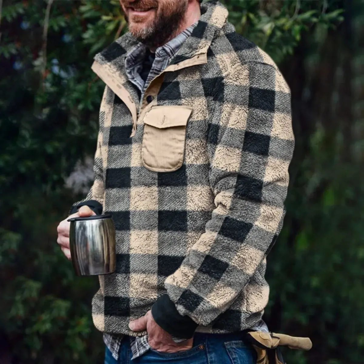 Plaid Colorblock Warm Pocket Men's Pullover Jacket