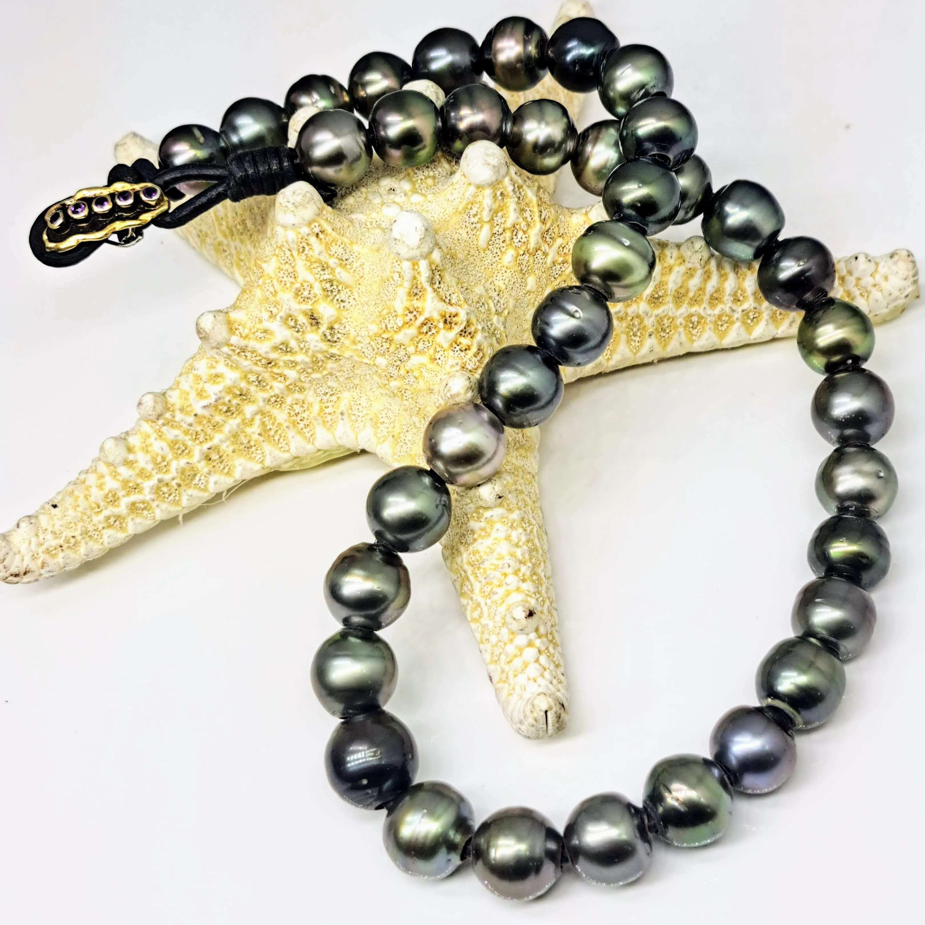 "The Unisex-y" 19" Necklace -  Tahitian Pearls, Leather, Sterling, Amethyst, 18K Clasp