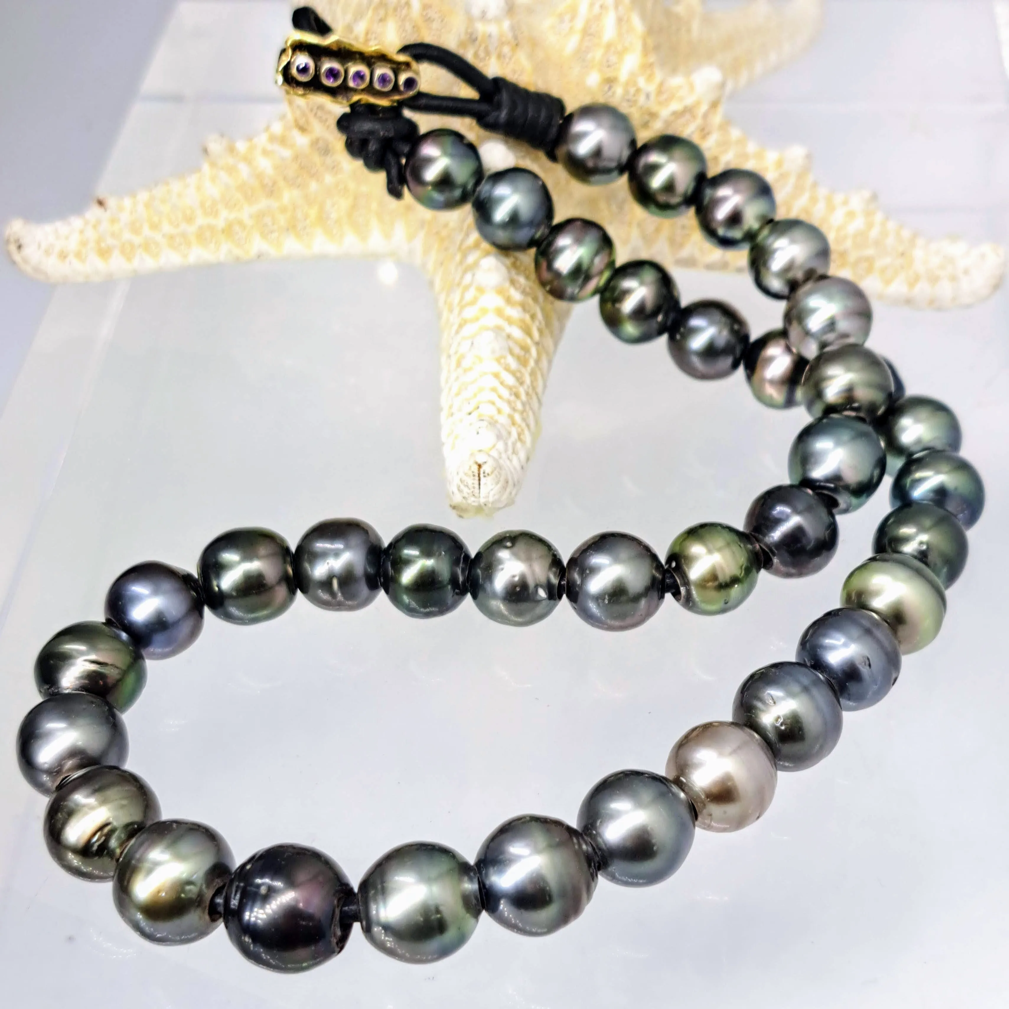 "The Unisex-y" 19" Necklace -  Tahitian Pearls, Leather, Sterling, Amethyst, 18K Clasp