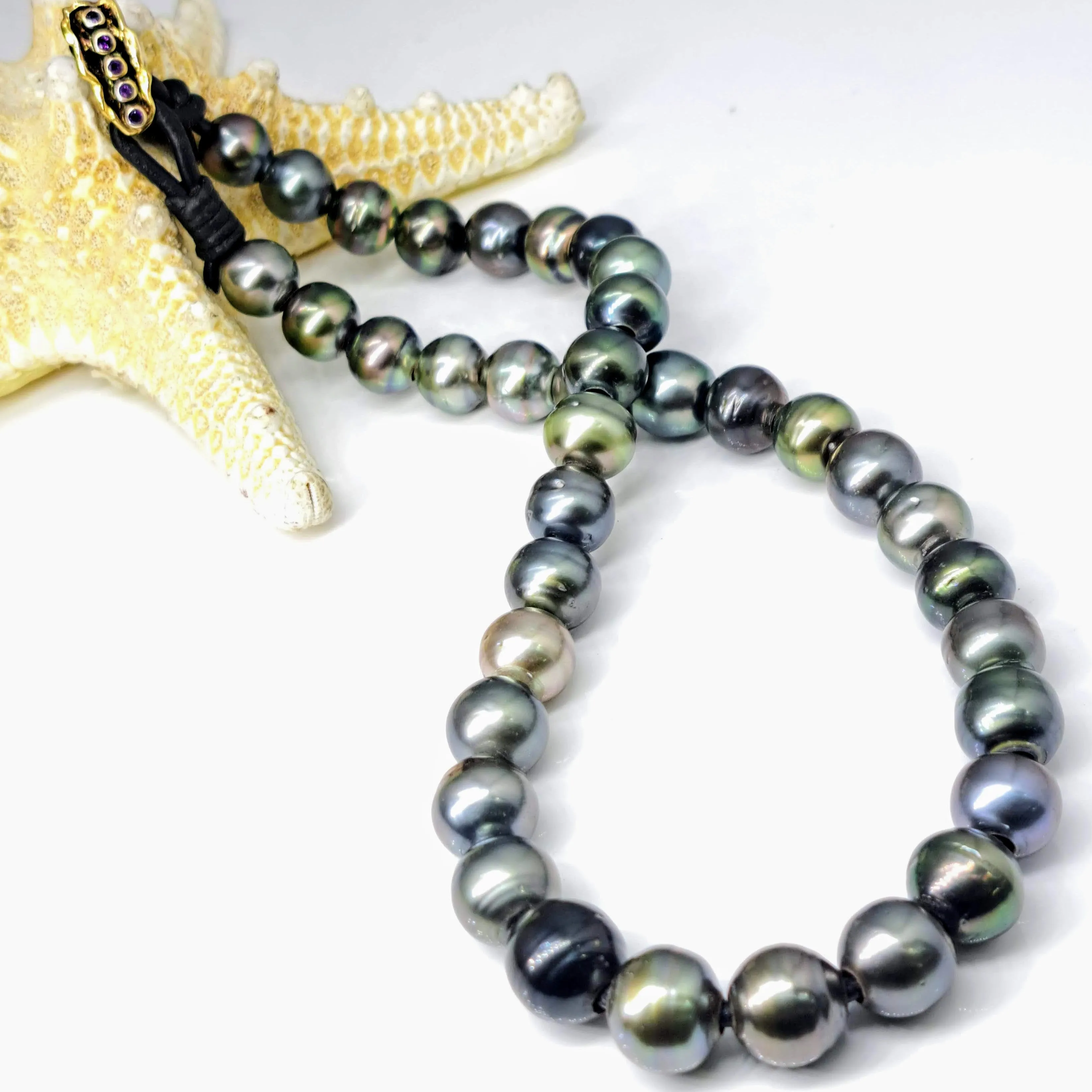 "The Unisex-y" 19" Necklace -  Tahitian Pearls, Leather, Sterling, Amethyst, 18K Clasp