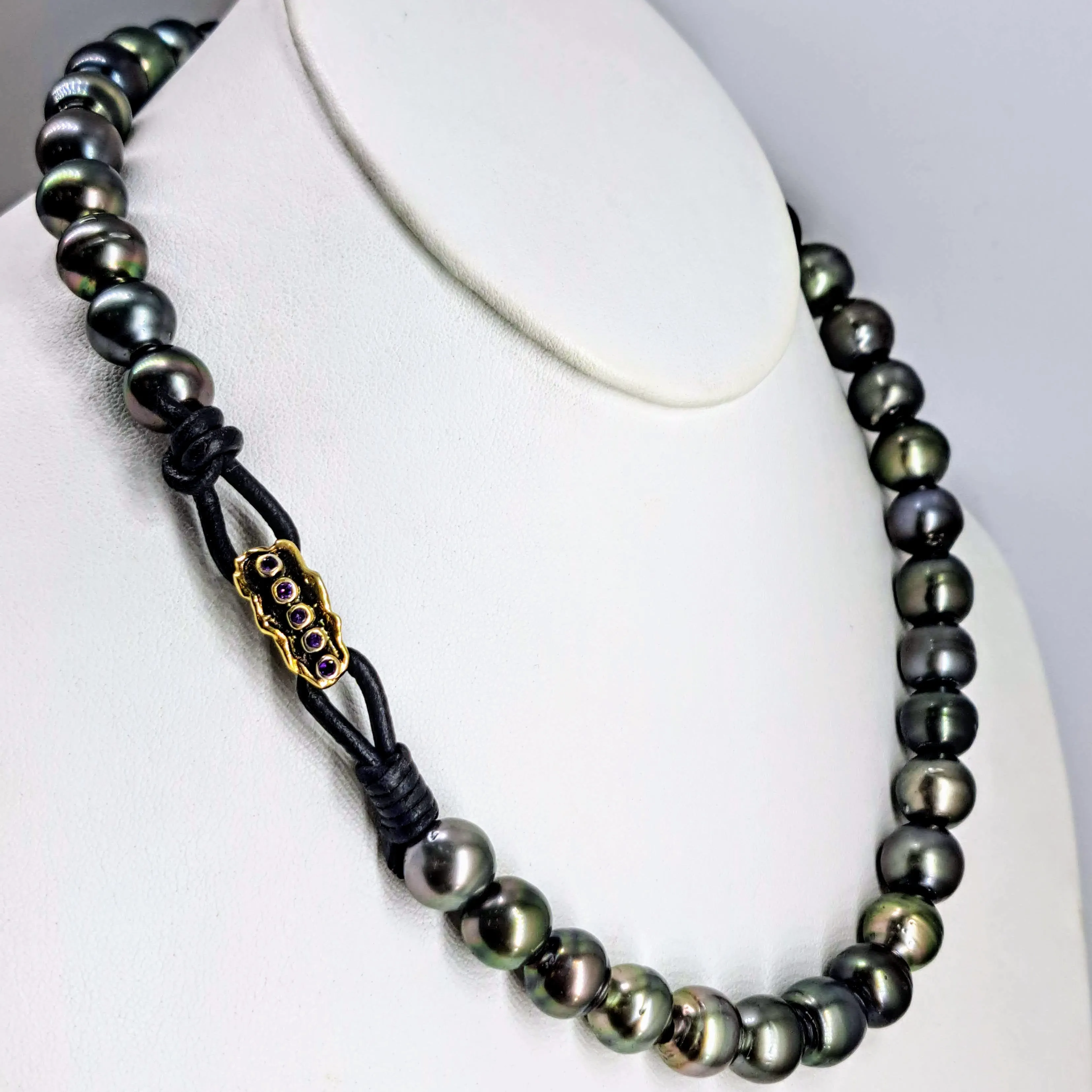 "The Unisex-y" 19" Necklace -  Tahitian Pearls, Leather, Sterling, Amethyst, 18K Clasp
