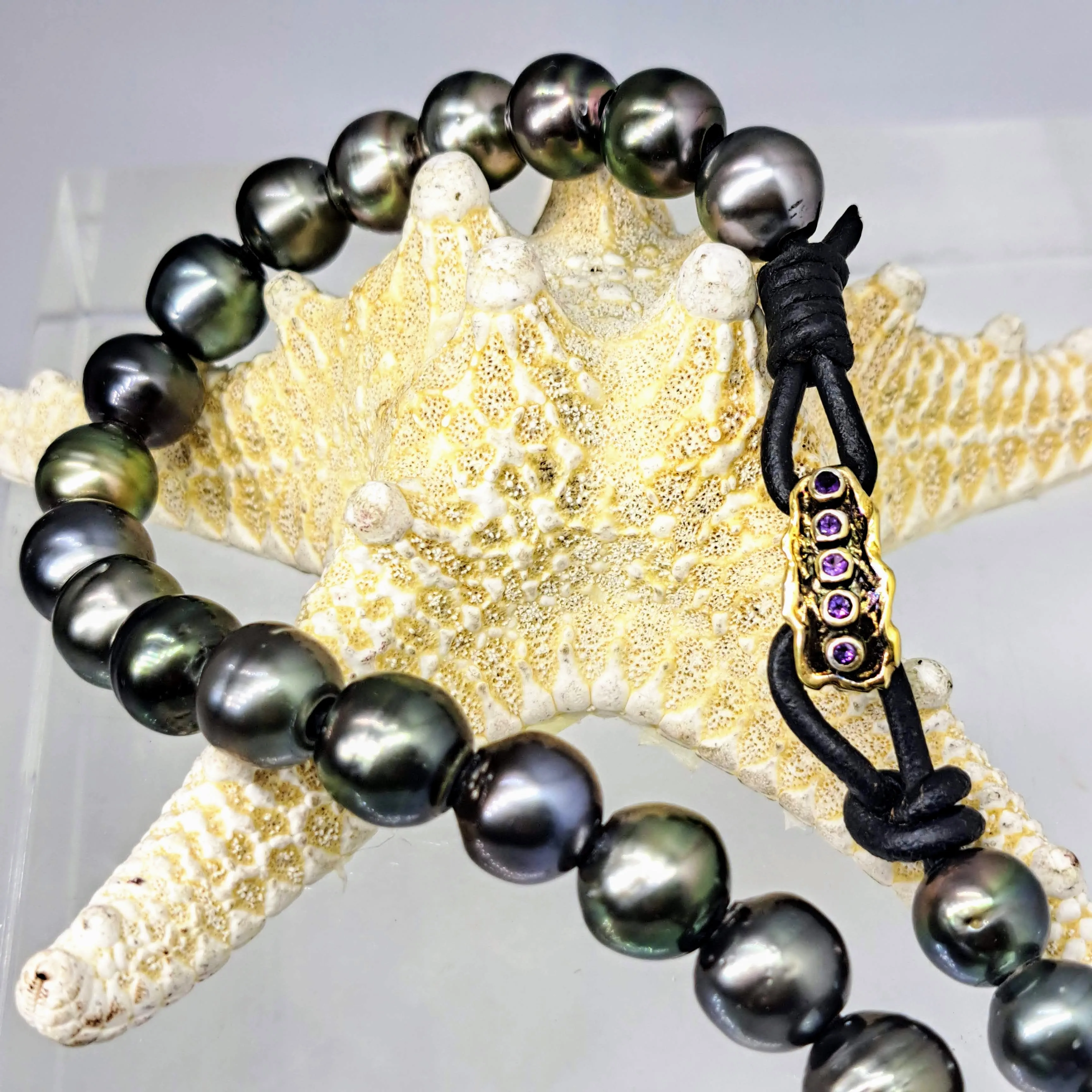"The Unisex-y" 19" Necklace -  Tahitian Pearls, Leather, Sterling, Amethyst, 18K Clasp