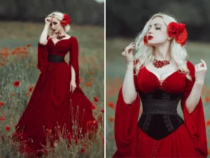 Red fantasy gothic stretch velvet wedding dress